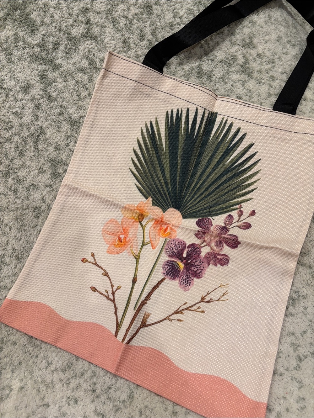 Tropical Palm Leaf and Wild Orchids Poly Canvas Tote Bag NWT 15.75x13.25”